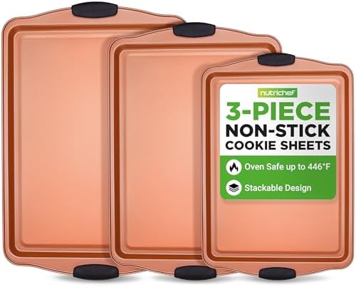 NutriChef 3 Piece Cookie Sheets for Baking - PFOA, PFOS, PTFE Free Nonstick Carbon Steel Bakeware Set - Home Kitchen Bake Pan Cookie Sheet Stackable Baking Sheet w/Black Silicone Handles NCSBS3S45
