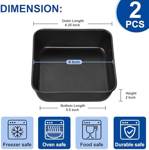 E-far 6 x 6 Inch Square Baking Cake Pan, Nonstick Small Baking Pan Set of 2