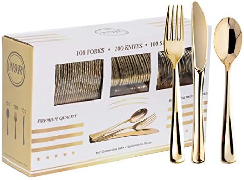 N9R 300PCS Gold Plastic Silverware, Disposable Plastic Cutlery/Utensils