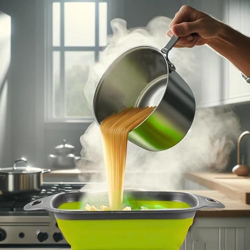 Square Collapsible Colander with Handles – Green Square Silicone Kitchen Strainers with Plastic Handles Foldable Kitchen Strainer Perfect for Draining Pasta Vegetable and Fruit Green