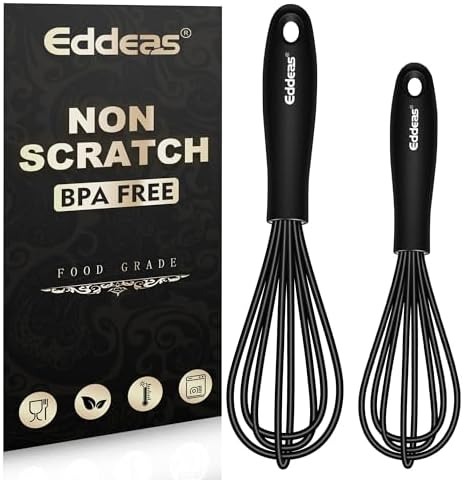 Eddeas Silicone Mini Whisk, Small whisks Non-Stick Tiny Whisks set of 2（5.5in & 7.5in）-Heat Resistant (450°F) Whisks, Balloon Egg Beater Perfect for Whisking, Beating, Mixing, Blending, Black