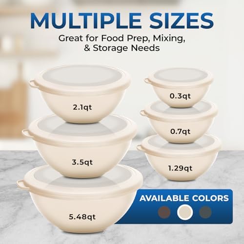 Bakken Master 12 Piece Plastic Nesting Bowls with Lids - Mixing Bowls Set includes 6 Prep Bowls and 6 Lids, BPA-Free, Reusable Meal Prep Containers, Microwave, Freezer & Dishwasher Safe, White Cream