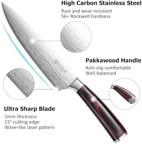 PAUDIN Kitchen Knife Set, 3 Piece High Carbon Stainless Steel Professional Chef Knife Set with Ultra Sharp Blade & Wooden Handle (Kitchen Knife Set 3 Pcs)