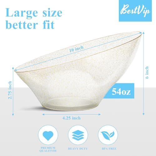BESTVIP 54 Oz Clear with Gold Glitter Plastic Angled Serving Bowls, 12 Pack