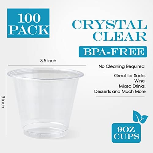 Turbo Bee 100 Pack 9oz Clear Plastic Cups,Disposable Crystal Drinking Cups,PET Plastic Party Cups for Wine,Juice,Iced Coffee and Cold Drinks