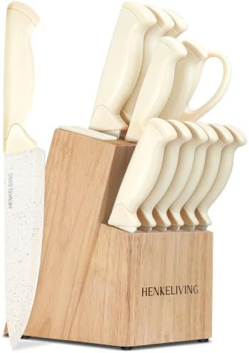 14-Piece Cream Kitchen Knife Block Set with Built-in Sharpener