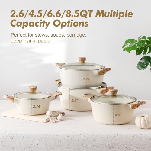 SENSARTE Ceramic Nonstick Stock Pot with Lid, 2.6+4.5 QT Soup Pot Set Casserole Pot, Non-toxic Healthy Pasta Pot, Large Cooking Pot Stew Pot, Induction Compatible, PFOA PFAS PTFE Free, White