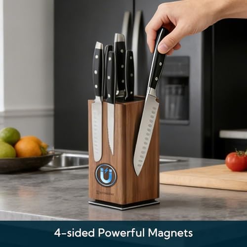 KITCHENDAO Magnetic Knife Block without Knives, 360° Rotatable Acacia Wood Knife Holder, Large Knife Storage with Magnet for Knives & Utensils, Kitchen Countertop Organizer