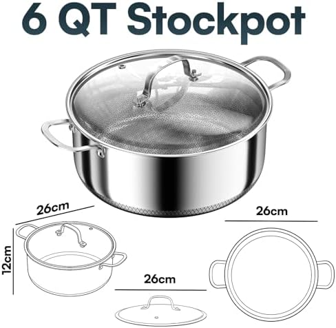 6 QT Stainless Steel Stock Pot with Lid, 10-inch Sauce Pan Induction Cookware, PFOA Free 5-Ply Simmer Pot with Non Stick Coating, Dual Ear Handles Cooking Pot Oven & Dishwasher Safe Easy to Clean