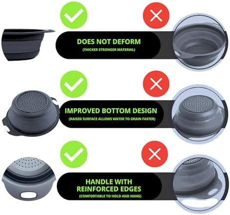 Small Food Strainer for Kitchen - Black Silicone Colander with Handle for Spaghetti and Pasta Multifunctional Colander for Camping