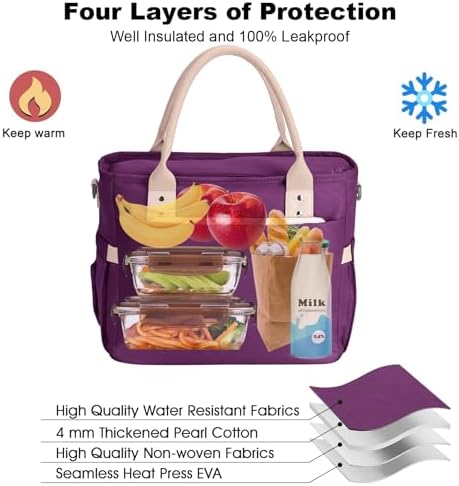 Hafmall Lunch Box for Women, Insulated Lunch Bag, Wide Opening, Purple