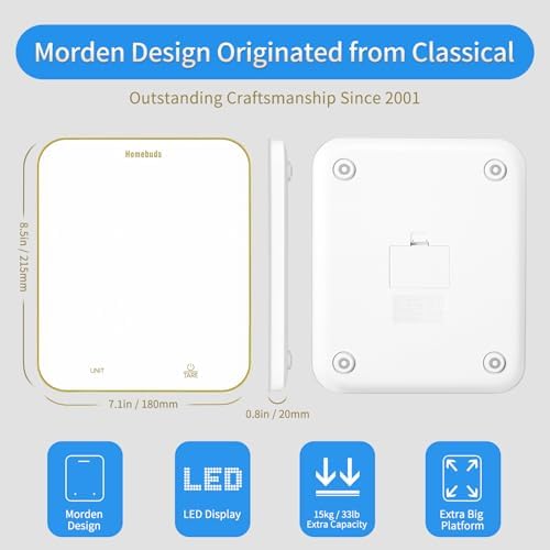 Homebuds 33lb Digital Food Scale Grams and Ounces in 1g, High Precision Assured by Kitchen Scale Professional Factory Since 2001, Gram Scale for Cooking and Baking, LED, 3*AAA, White by Golden Line