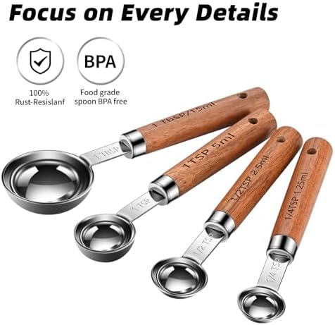 Wooden Handle Measuring Cups & Spoons Set 8-Piece – Stainless Steel, Stackable, Rustic Farmhouse Kitchen Gadgets, Non-Toxic, Dishwasher Safe, Gift for Bakers & New Homeowners.
