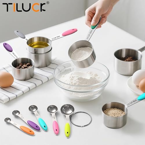 TILUCK Nesting Measuring Cups and Spoons Set, Stainless Steel with Soft Silicone Handle – Heavy Duty & Dishwasher Safe for Measuring Dry/Liquid Ingredients, Ideal for Cooking & Baking (12)
