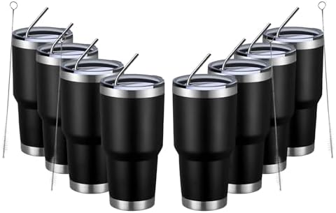 MEWAY 30oz Insulated Tumbler With Lids and Straws,Stainless Steel Double Vacuum Coffee Tumbler Cup, Brush, Durable Powder Coated Coffee Cup for Cold & Hot Drinks(Black,8 PACK)