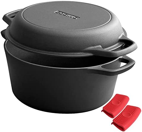 EDGING CASTING 2-in-1 Pre-Seasoned Cast Iron Dutch Oven Pot with Skillet Lid Cooking Pan, Cast Iron Skillet Cookware Pan Set with Dual Handles Indoor Outdoor for Bread, Frying, Baking, Camping, 7QT