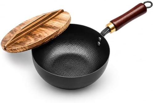 7.8-Inch Small Carbon Steel Wok with Wooden Lid, 1.6QT