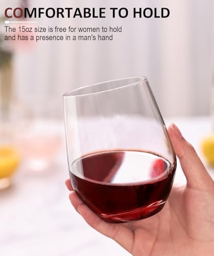 OJA Wine Glasses Set, Crystal Stemless Red Wine Glass, Set of 6, 15 oz