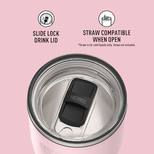 THERMOS Icon Series 24oz Stainless Steel Tumbler with Slide Lock Lid, Leakproof, Fits Cupholder, Dishwasher Safe, Griptec™ Non‑Slip Base, Keeps Drinks Hot 6 Hrs/Cold 22 Hrs, Sunset Pink