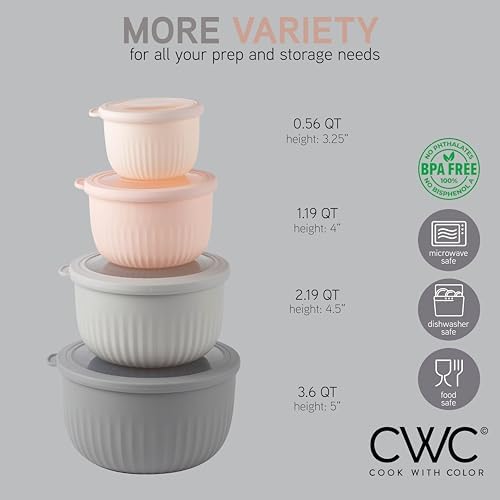 COOK WITH COLOR Prep Bowls with Lids- Wide and Deep Nesting Plastic Small Mixing Bowl Set with Lids, 8 Piece Set - Deep Bowls, Grey/Pink