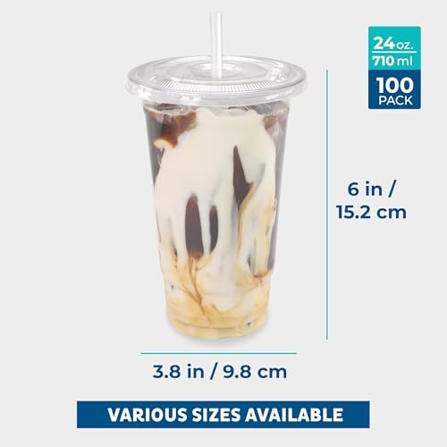 Freshware Clear Plastic Cups with Flat Lids and Straws [100 Cups - 24 oz] Disposable Tumblers for Iced Coffee, Smoothie, Milkshake, Cold Drinks