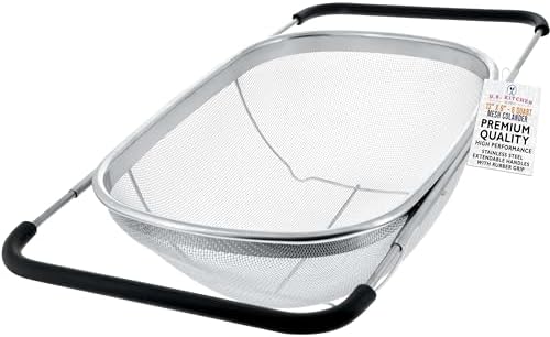 U.S. Kitchen Supply Stainless Steel Colander Strainer - 6-Quart Collapsible Colander with Expandable Rubber Handles - Rectangular Sieve, Fine Mesh Stainless Steel Strainers and Colanders for Kitchen