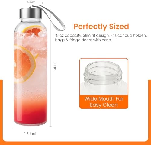 Epica Clear Glass Bottles with Lids, 18 oz Water Bottles, Loop Caps