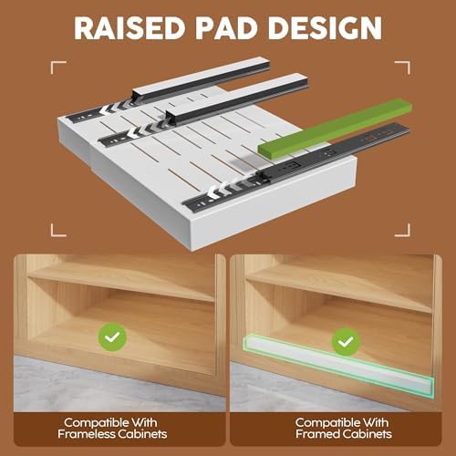 Seinloes 4 Pack Expandable Pull Out Cabinet Organizer 21"Deep With Raising Pad for Framed Cabinets,Upgrade 3 Slide Rails Slide Out Drawers,Roll Out Shelves Adhesive,Adjustable Width 15.15"-26.3" White