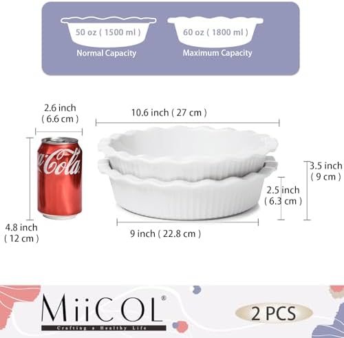Miicol Ceramic Pie Pan Set of 2, 50 oz Ripple Edge Deep Baking Dish, 9 Inch Round Ceramic Pie Plate, Suitable for Quiche, Apple Pie, Meat Pie, Ideal Gift for Baking Lovers,White