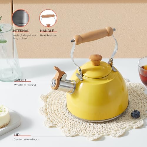 ROCKURWOK Whistling Tea Kettle, Tea Pot All Stovetop Safe, 1.6 Quart Yellow