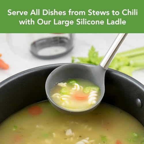 Tovolo Silicone Ladle With Stainless Steel Handle Deep Soup Ladle for Cooking Canning Serving Soup Punch Stew Sauce, Large Kitchen Utensil Spoon Dishwasher Safe BPA Free Silicone Oyster Gray