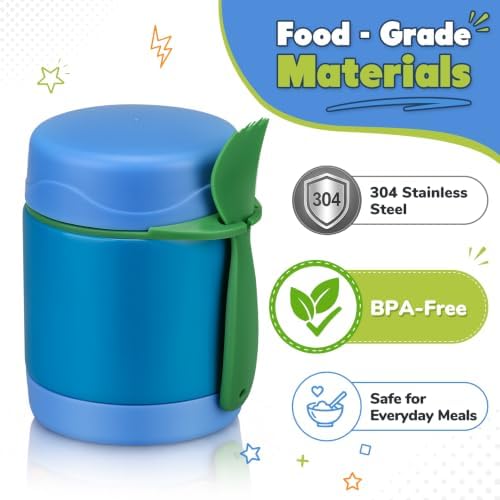 10oz Soup Thermo for Hot Food Kids,Lunch Thermo Kids Food Jar with Spoon Hot Insulated Food Containers,Leak Proof Stainless Steel Wide Mouth Lunch Food Jar for School(Blue)