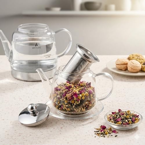 Borosilicate Glass Teapot Set, 2.5 lt Total Capacity, Drip-Free Spouts