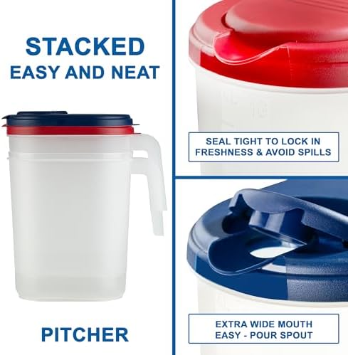 2-Pack 1 Gallon Water Pitchers with Lids, Slim Fridge Door Water Jugs