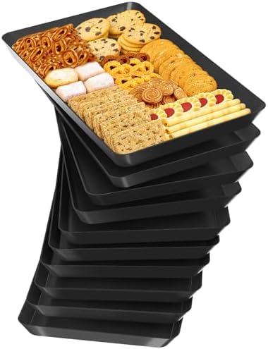 SpaceTrove 10-Pack Serving Tray Set, Reusable Plastic Serving Platter for Party Supplies, Entertaining, Grilling Accessories, Stackable Kitchen Snack Container for Dessert, Fruit, Cookie, (Black)