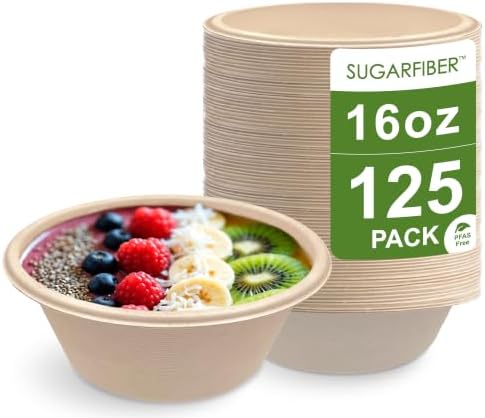 16oz Compostable Paper Bowls Disposable Round Natural Soup Bowls, 125 Count