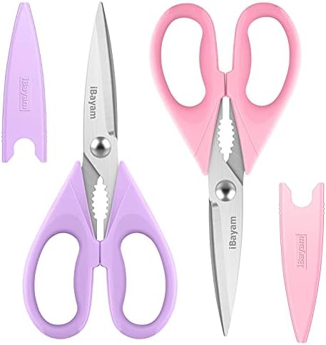iBayam Pastel Kitchen Scissors All Purpose Heavy Duty & Cover, Pink/Purple