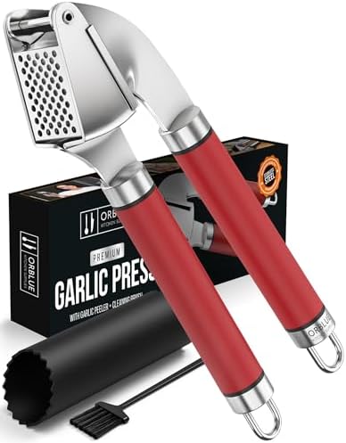 ORBLUE Garlic Press and Peeler Set, Stainless Steel - Professional Grade Mincer, Crusher - Dishwasher Safe & Rust-proof, Red