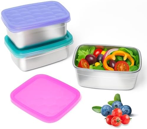 Tanjiae 3-Pack Stainless Steel Snack Containers for Kids & Toddlers - 550ml (18oz) Leakproof Reusable Food Containers with LFGB Certified Lids | Stackable Metal Lunch Box for Daycare, School, Travel