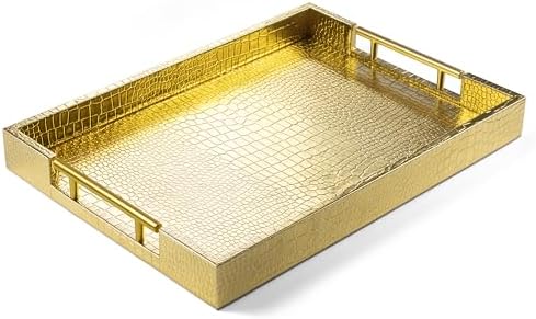 ATZYmolin 17"x12" Leather Serving Tray, Gold Handle Vanity Platter, Gold