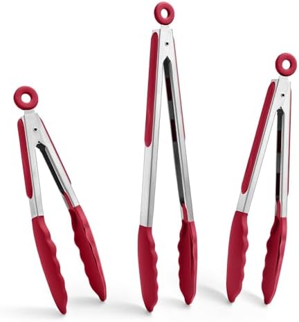 Doosu Kitchen Tongs with Silicone Tips for Cooking Serving (3Pcs, Red)