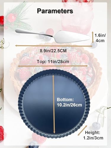 11 Inch Quiche Pans with Cake Server. Removable Bottom, Non-Stick Coating, Rugged Carbon Steel for Tart Quiche Pie Baking. Gift for Women Wife Christmas Thanksgiving Party Festival Family