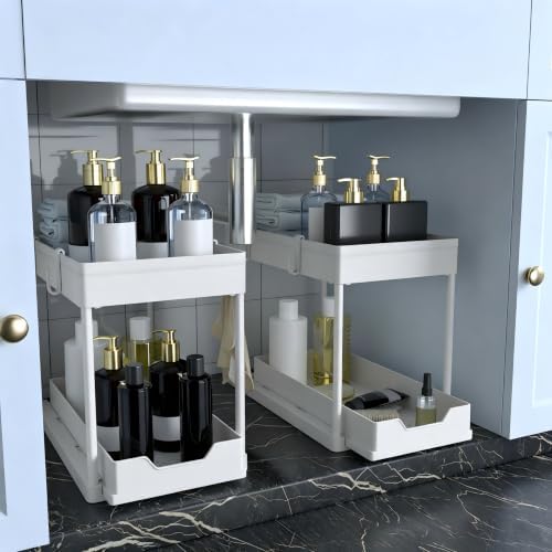 DEKAVA Cabinet, 2 Pack Under Sink Organizer, 2 Tier Sliding Bathroom Kitchen Organizer, Large White ABS Baskets, Easy Install & Clean