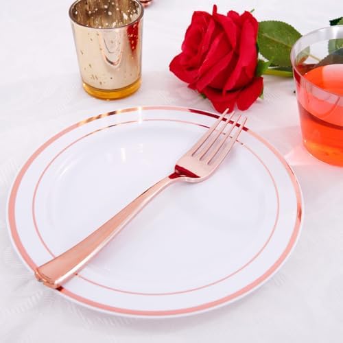 WDF 300 Pieces Rose Gold Plastic Silverware- Disposable Flatware Set - Heavy Duty Plastic Cutlery Includes 100 Forks, 100 Spoons, 100 Knives Perfect for Wedding/Party/Birthday