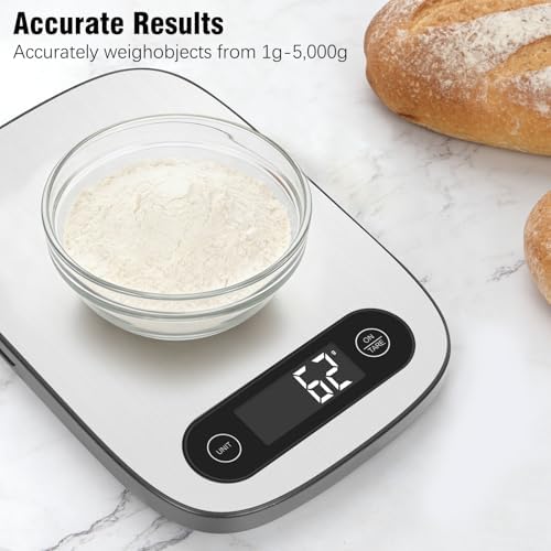 Food Scale, 11lb Kitchen Scale with 6 Units Tare Function & Backlit LCD, Precise 1g Stainless Steel Digital Scale, Hanging Design for Baking, Cooking, Healthy Eating and Meal Prep (Batteries Included)