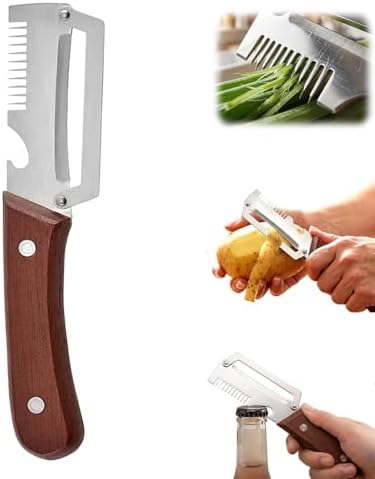 Multifunctional Vegetable Peeler,3 in 1 Stainless Steel Potato Peeler with Bottle Opener,Wooden Handle Fruit&Veggie Peeler for Kitchen,Carrot Apple Peeling Tool, GreenOnion Shredder Kitchen Gadget,1PC