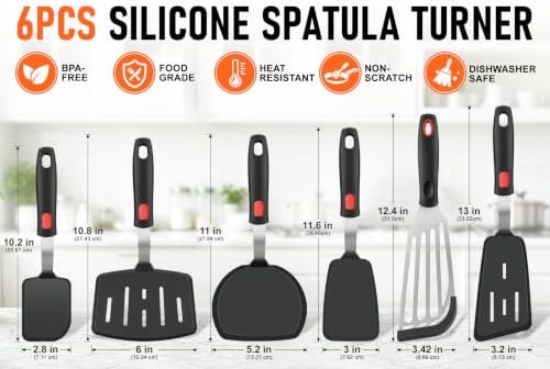 6Pcs Silicone Spatula Turner Set, Heat Resistant Silicone Spatula for Nonstick Cookware, BPA Free Kitchen Cooking Utensils Set, Flexible Spatula Turner for Flipping Eggs, Burger, Fish, Pancake