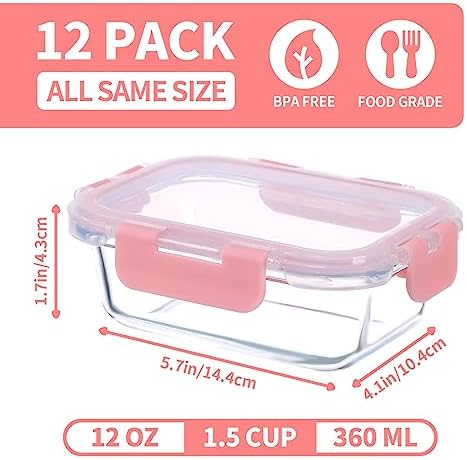 GULFLIN 12 Pack, 12oz Small Glass Food Storage Containers, Pink Set