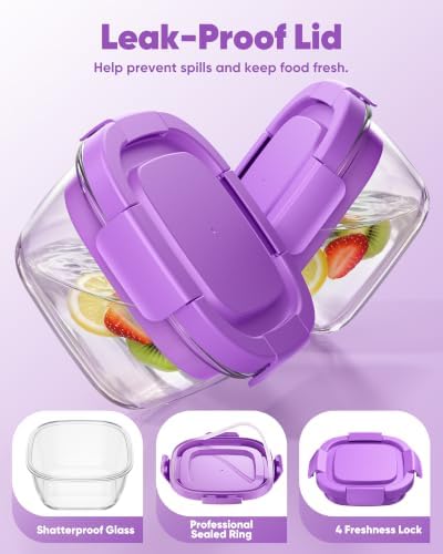 Canfanni Glass Salad Container, 56oz Bowl with Airtight Lids, Tray, Fork