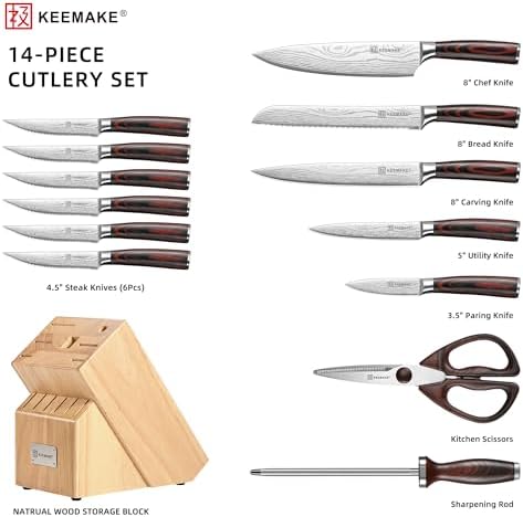 KEEMAKE 14 Pcs Kitchen Knife Set with Block, Ultra Sharp Knife Block Set